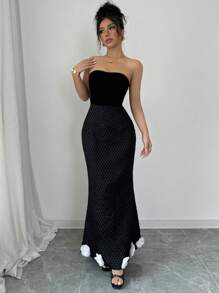 SHEIN Unity 2024 New Autumn/Winter Women's Color Block Floral Open Shoulder Elegant Textured Fishtail Dress - Black - View 4