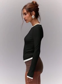 MUSERA Contrast Trim Fitted Long Sleeve Top Casual Vacation Airport Holiday Cute Fall Back To School Autumn Winter Chic Spring Summer - Black - View 3