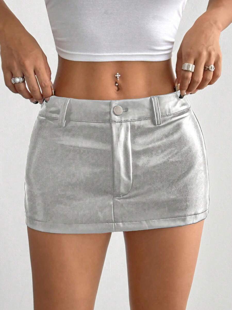 SHEIN Unity 女士时尚紧身低腰修身迷你裙，夏季 - 銀色 - 查看 1