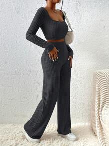 EURMUSE Cotton 2pcs/Set Ribbed Short Sleeve T-Shirt & Long Pants Outfits - Dark Grey - View 5