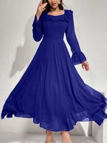 Modelyn Vestido de mujer de unicolor elegante con mangas acampanadas y volantes en el bajo, vestido largo de noche de otoño para mujer - azul real - Ver 6