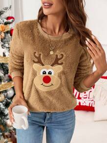 SHEIN LUNE 女士休闲圣诞毛绒温暖舒适日常穿着长袖运动衫，秋冬 - 棕色 - 查看 7