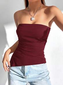 SHEIN EZwear Women Solid Color Ruched Side Slit Hem Bandeau Cami Top - Burgundy - View 4