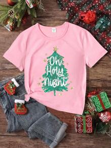 圣诞节女孩年轻女孩休闲时尚闪光亮片圣诞树和字母图案印花短袖 T 恤，基本款 - 粉色 - 查看 4