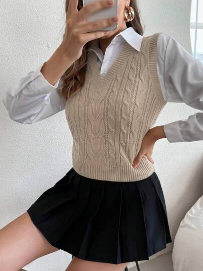 Chiquease Casual Plain Color Knitted Sweater Vest, Versatile For Spring And Autumn