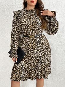 SHEIN LUNE Plus Size Frill Trim Leopard Print Long Sleeve Party Dress, Christmas - Multicolor - View 5