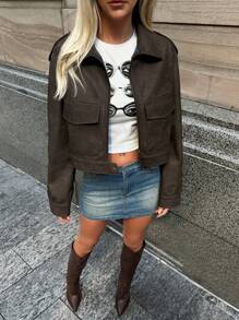 Forever 21 1 chiếc Áo khoác tay dài cổ bẻ PU thời trang giản dị hợp thời trang thu đông mới về - màu nâu - Xem 5