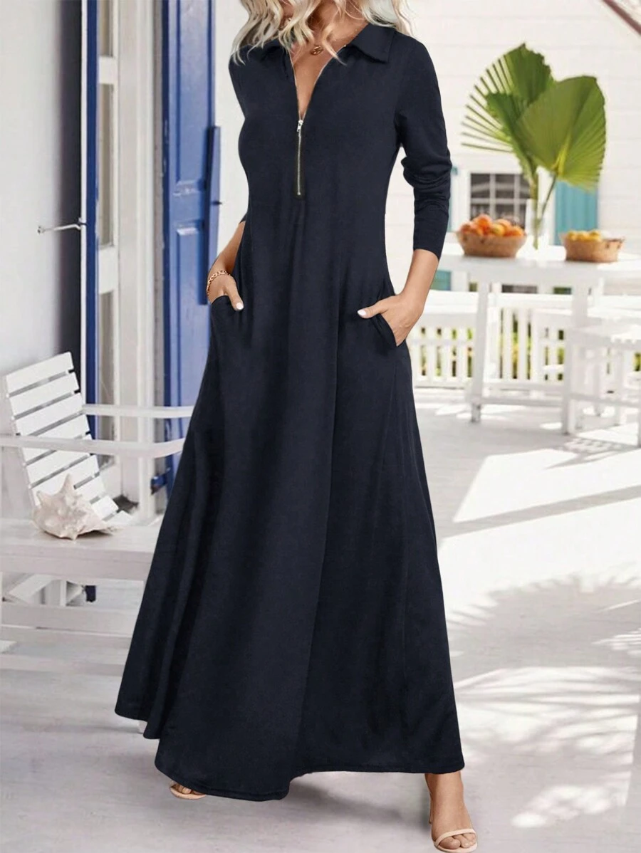 EMERY ROSE Women's Autumn Long Sleeve Long Dress With Turndown Collar, Can Be Worn As Layering Maxi Women Outfit Fall Cloth For Women - Navy Blue - View 1