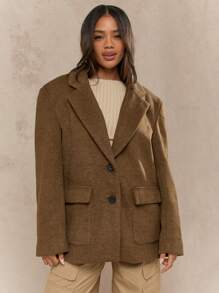 MISSGUIDED High Fashion Oversized Wool Blazer Jacket Modern Fall Autumn Professional Work Office Business Tailored Structured Pockets Lapel Shoulder Pads - Green - View 1