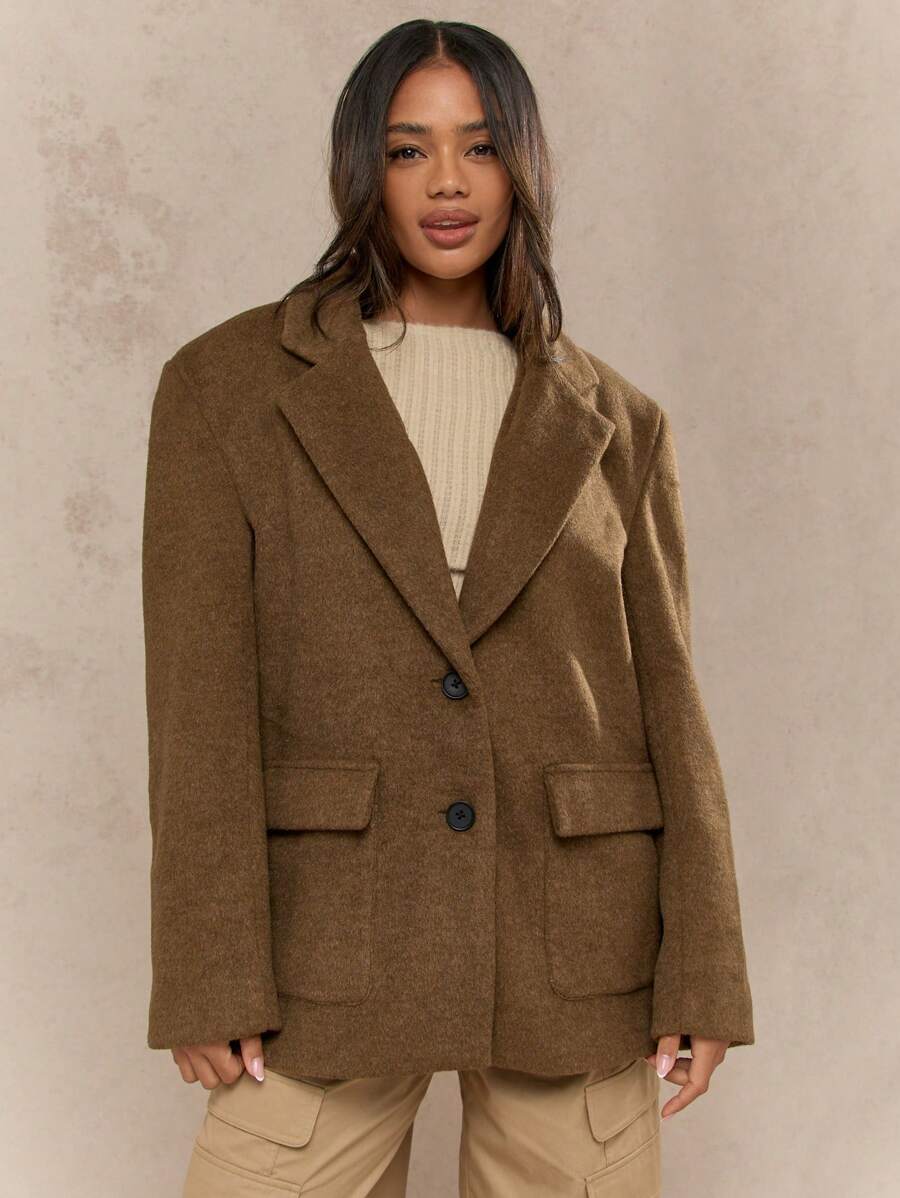 MISSGUIDED High Fashion Oversized Wool Blazer Jacket Modern Fall Autumn Professional Work Office Business Tailored Structured Pockets Lapel Shoulder Pads - Green - View 1
