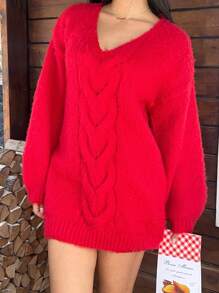 SHEIN EZwear Women V-Neck Long Sleeve Solid Color Minimalist Mini Sweater Dress, Casual Everyday Wear