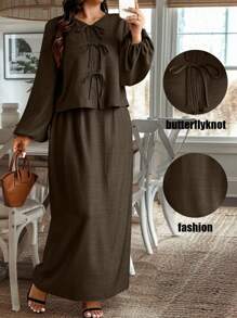Calvaya Plus Size 2Pcs Set Casual Solid Color Lantern Sleeve Tie Waist Top And Skirt, Autumn Fall Cloth For Women - Coffee Brown - View 1