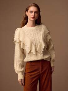MOTF PREMIUM SOLID LAYERED RUFFLE TRIM CABLE KNIT SWEATER - Apricot - View 7