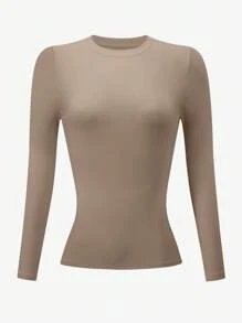 Steph T Women Casual Camel Color Round Neck Fitted Long Sleeve T-Shirt, Autumn For Spring Fall Cloth For Women - Camel - View 2
