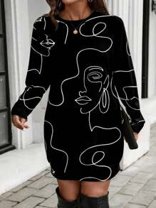 SHEIN LUNE Plus Size Women Graphic Print Long Sweatshirt Dress, Artistic Line Drawing Portrait Design, Suitable For Autumn/Winter