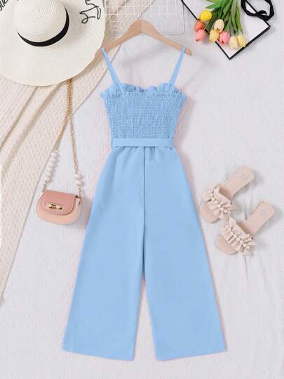 Elladie kids Tween Girl Solid Color Spaghetti Strap Front Button Placket Minimalist Casual Jumpsuit Summer Holiday