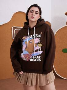 We Bare Bears X SHEIN Plus Size Casual Cute Funny Brown Graffiti Bear & Tropical Flower Print Thermal Lined Sweatshirt, Autumn/Winter - Brown - View 6