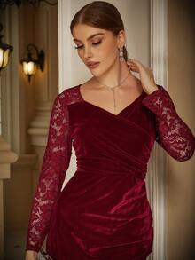 Eilly Bazar Contrast Lace Ruched Wrap Hem Velvet Dress, Semi Formal Dress - Burgundy - View 5