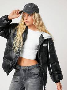 SHEIN EZwear 女士秋冬连帽亮面绗缝拼接二合一运动衫休闲棉服外套 - 黑色 - 查看 3
