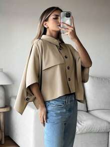 SHEIN Essnce Manteau cape imperméable unicolore pour femme en automne - Kaki - Voir 3