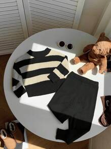SHEIN 男婴/女婴 2 件套：复古英伦风格彩色条纹撞色圆领落肩毛衣和休闲百搭长裤，舒适简约的设计，适合居家和户外，秋冬季 - 彩色 - 查看 7