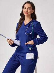 TaskEZ Solid Color Hooded Top And Pants Scrub Uniform Set