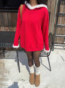SHEIN EZwear Women's Christmas Red Fuzzy Trim Textured Sweatshirt