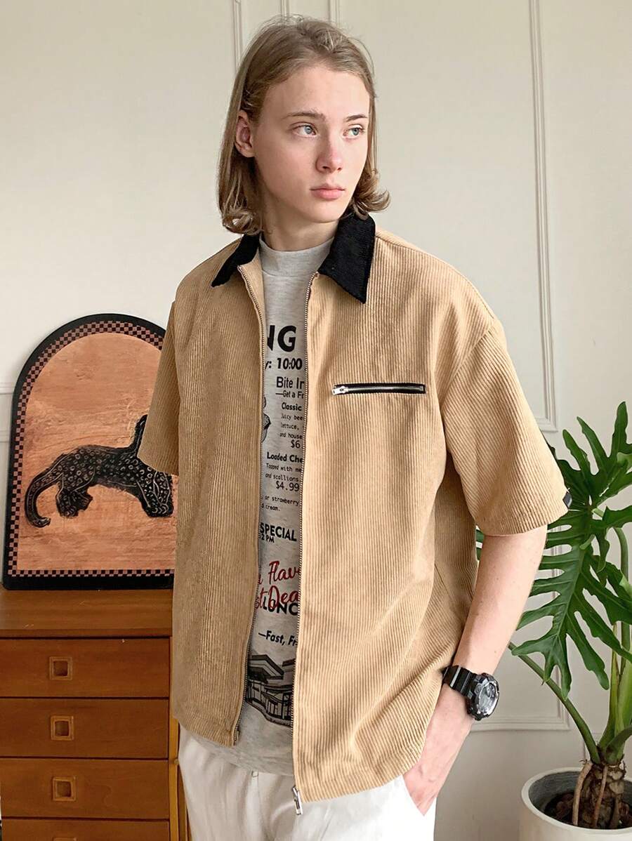 Manfinity VCAY Men's Woven Fashionable Casual Young Zip-Up Long Sleeve Shirt