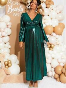 Loomaby Elegante vintage V-hals jurk met geplooide taille voor een zwangerschapsfeest