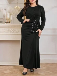Modelyn Plus Size Solid Color Round Neck Long Sleeve Pleated Simple Short Casual Dress Long Evening Dresses