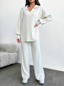 SHEIN Tall Rib Pattern Polo Neck Sweater And Pant 2pcs Se - Apricot - View 1