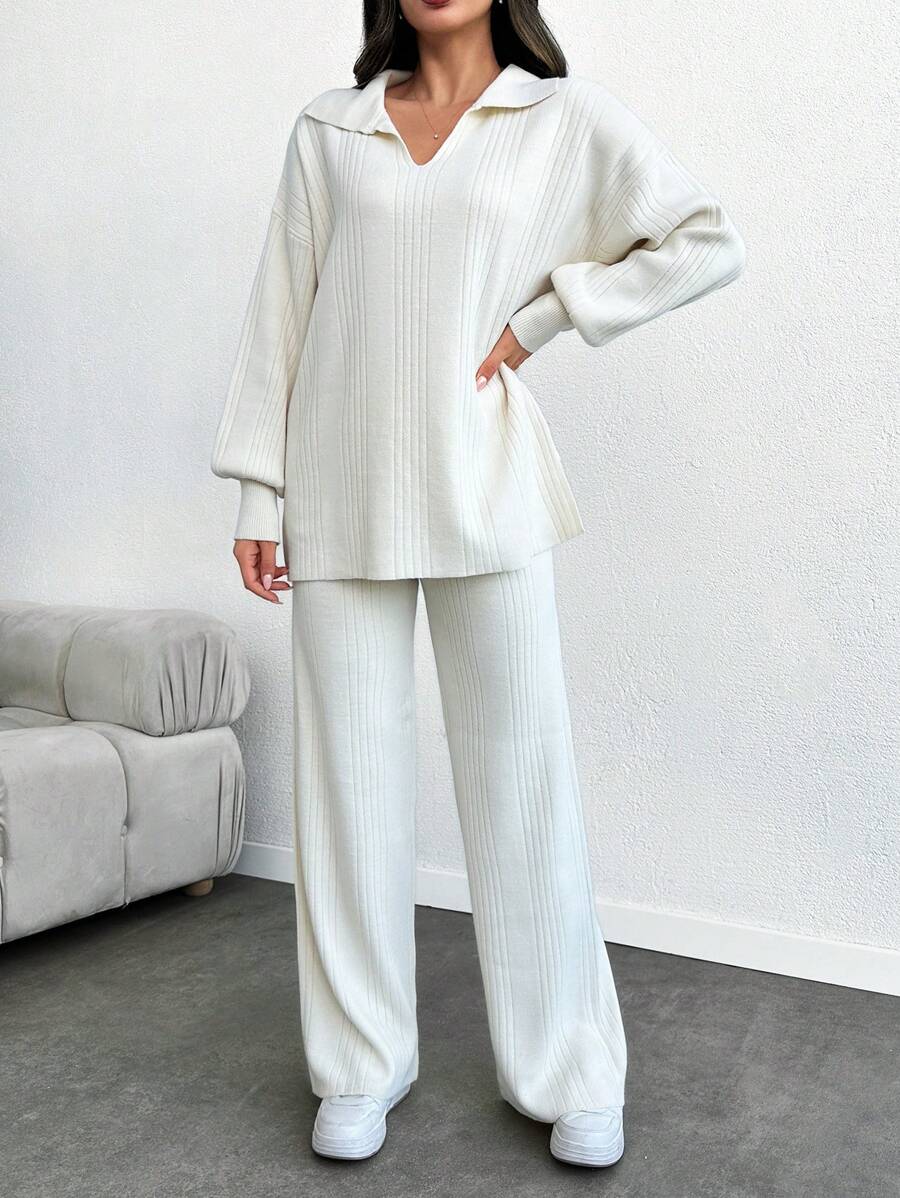 SHEIN Tall Rib Pattern Polo Neck Sweater And Pant 2pcs Se - Apricot - View 1