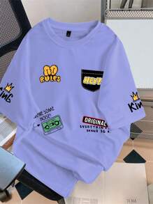 Manfinity Hypemode maglietta estiva ampia da uomo con grafica di cartoni animati e slogan, spalle scoperte
