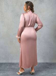 SHEIN Unity Plus Size Crew Neck Furry Splice Long Casual Dress - Pink - View 2