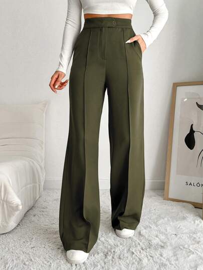 EURMUSE Women's Casual Solid Color Slant Pocket Pleated Loose Wide-Leg Pants For Autumn