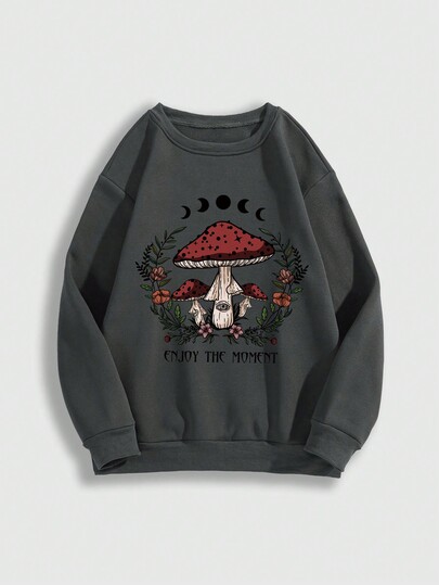 Fairycore Plus Size Mushroom Print Round Neck Long Sleeve Casual Pullover Hoodie