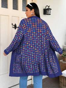 Flirla 大码长款格子混色开衫，带口袋