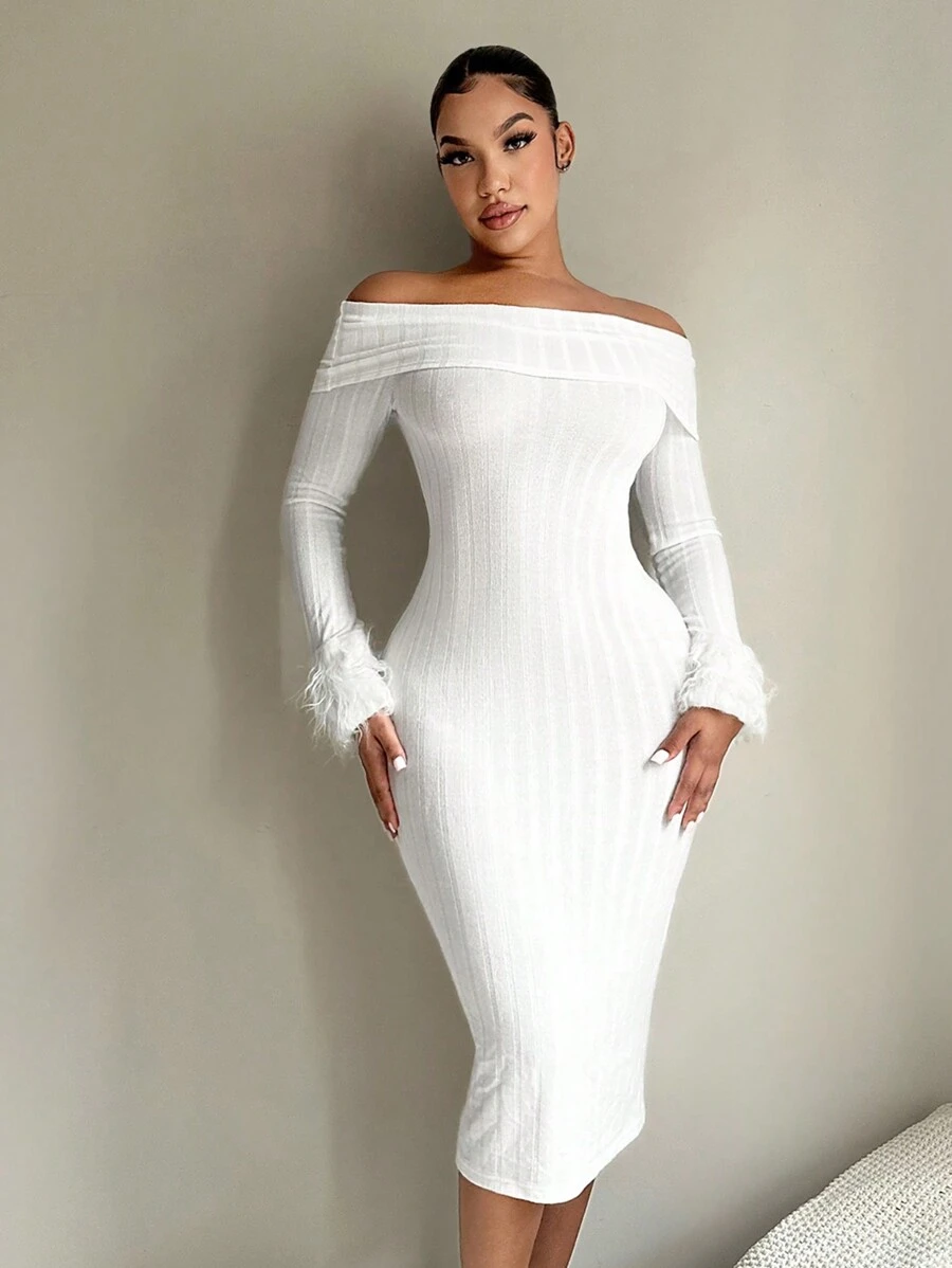 SHEIN SXY Women's Elegant Fold-Over Off-Shoulder Splice Fuzzy Ribbed Fitted White Dress, Autumn/Winter - White - View 1