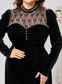 Coutiva Váy dự tiệc Giáng sinh dài tay ren nhung tương phản cỡ lớn thanh lịch, váy dự tiệc cưới - màu đen - Xem 8