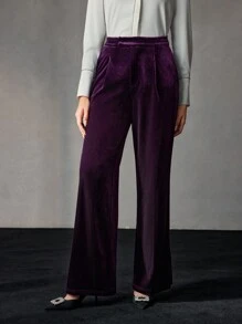 MOTF PREMIUM VELVET SOLID SLANT POCKET WIDE LEG SUIT PANTS - Purple - View 8