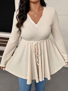 SHEIN Frenchy Áo thun cổ chữ V thanh lịch tay dài họa tiết giản dị cỡ lớn cho nữ, màu kaki, dài có dây thắt eo - Màu Khaki - Xem 4