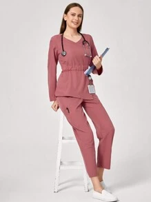 TaskEZ Bộ đồng phục y tế chăm sóc sức khỏe 2 món cho nữ, áo dài tay cổ chữ V màu trơn và quần dài - Hồng - Xem 6