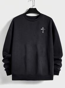 EURMUSE Men's Casual Everyday Cross Print Round Neck Loose Dropped Shoulder Sweatshirt, Autumn - Dark Grey - View 3