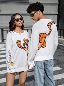 Manfinity VCAY 男士宽松落肩休闲针织毛衣，适合秋冬 - 白色 - 查看 3