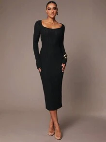 Silquee Robe noire élégante et confortable en tricot stretch, avec un design de dos nu torsadé, convenant pour les sorties et les déplacements quotidiens. Tenue parfaite pour les fêtes d'automne et d'hiver, comme Thanksgiving, Noël et le Nouvel An - Noir - Voir 2
