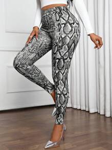 SHEIN Lady 四季打底裤 蛇纹女式打底裤 优雅修身长款女士打底裤 - 黑色 - 查看 4