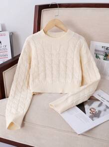 SHEIN Suéter corto de punto de cable en color beige liso con hombros caídos para niña preadolescente, para uso diario