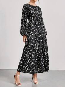 Mulvari Casual Elegant Ditsy Floral Print Cinched Waist Lantern Sleeve Modest Long Sleeve Dress, Autumn