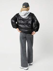 SHEIN EZwear 女士秋冬连帽亮面绗缝拼接二合一运动衫休闲棉服外套 - 黑色 - 查看 2