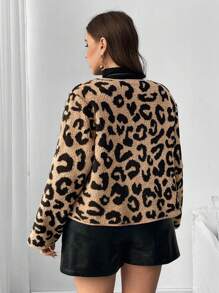 Franclia Chaqueta holgada de talla grande para mujer con estampado de leopardo, contraste de PU, lazo y cinturón, informal para otoño/invierno